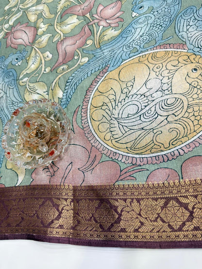 Silk blend printed saree with floral and bird motifs, zari border, women’s festive wear saree