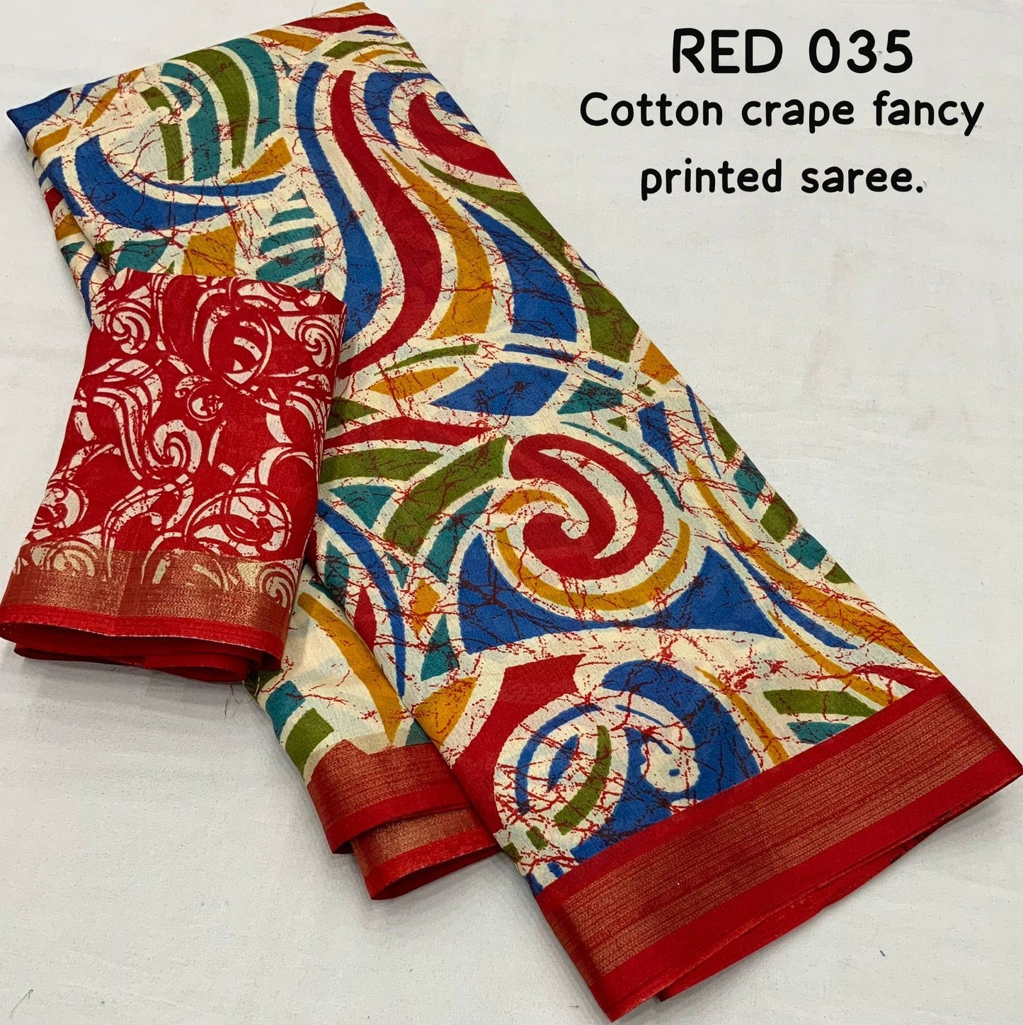 Cotton Crape Saree with Multicolor Fancy Print and Running Blouse – Lightweight Daily & Festive Wear