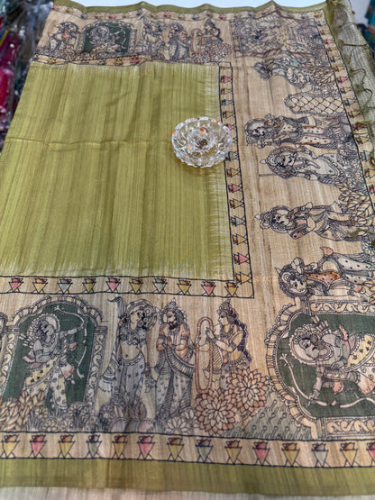 Spider Silk Saree with Folk Art Print Border and Tassel Pallu