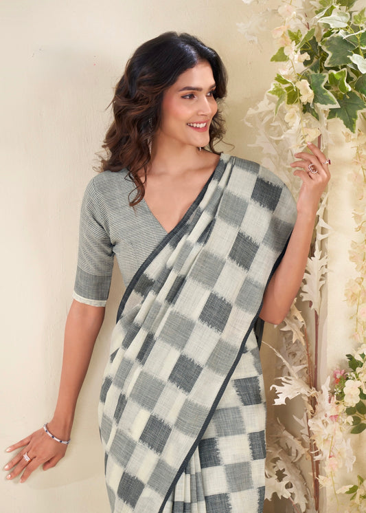 linen silk saree with checked pattern and floral border – lightweight ethnic wear for women