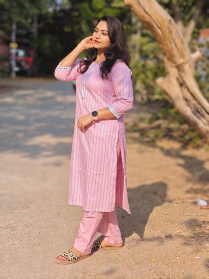 Blue Cotton Blend 2-Piece Casual Set for Women with Sequin and Stripe Pattern