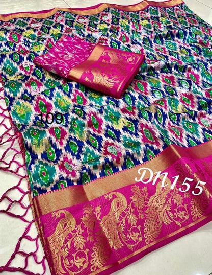 Semi Raw Silk Jacquard Saree with Silver and Gold Zari Butti Weaving – Contrast Ikkat Blouse