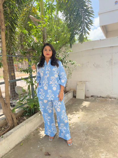 Sky Blue Cotton Co-ord Set for Women with Bold White Floral Print and Straight Pants