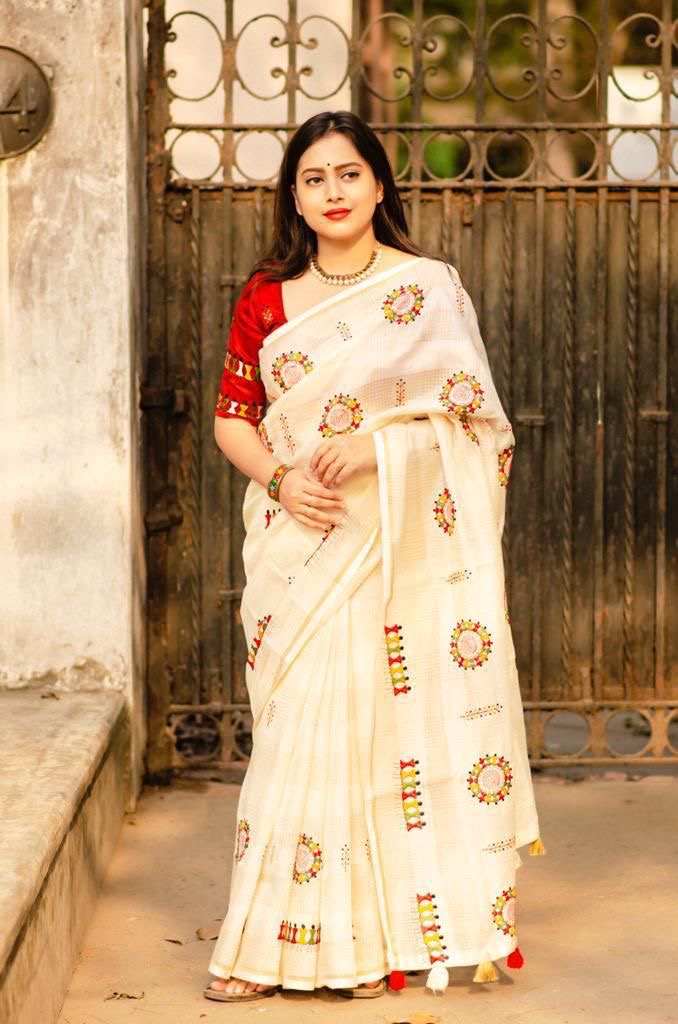 Manipuri Kota Chex Saree with Worli Embroidery and Zari Pattu Border, Mulberry Silk Blouse