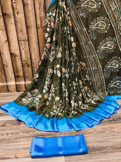 Chiffon Jari Saree with All-Over Floral Print & Contrast Printed Border – Blouse Options Available