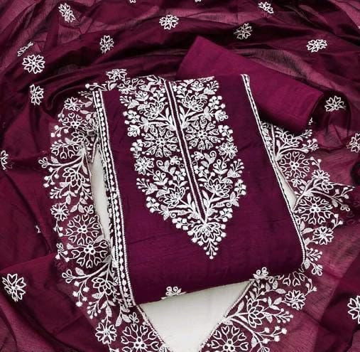 Unstitched Modal Embroidered Dress Material with Santoon Inner & Bottom and Modal Embroidered Dupatta