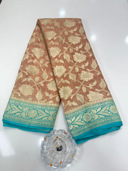 Pure Handwoven Kaddi Georgette Saree with Water Zari Jaal Weaving – Silk Mark Certified