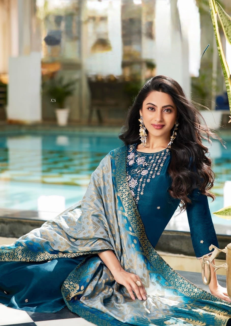 Dola Silk Kurti Set with Russian Silk Pant and Jacquard Dupatta – Handwork Ethnic Set for Women