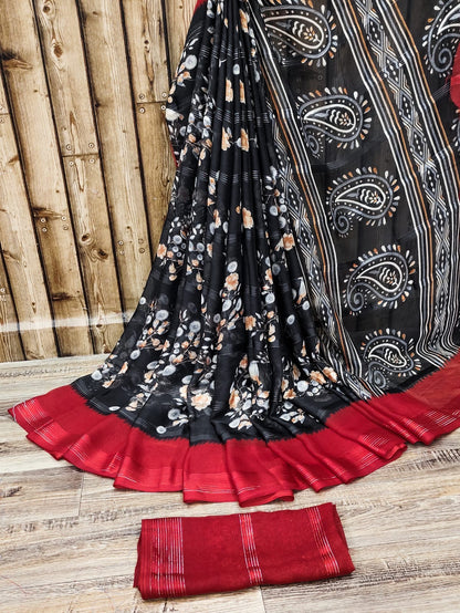Chiffon Jari Saree with All-Over Floral Print & Contrast Printed Border – Blouse Options Available