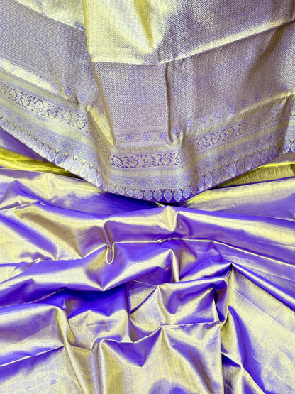 Borderless Handloom Pure Silk Saree in Silver and Purple with Zari Highlights – Bridal Wear