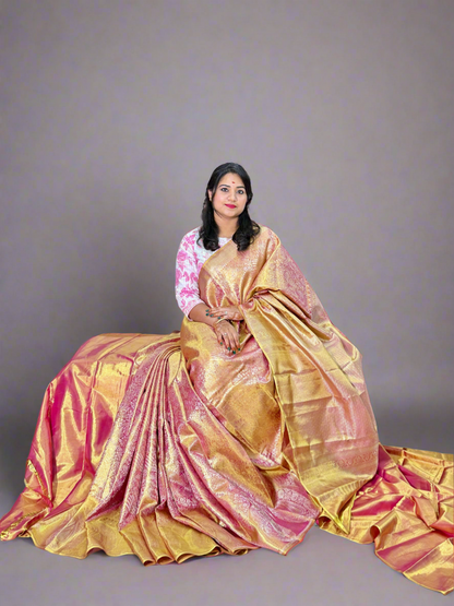 Pure Silk Borderless Saree in Golden Yellow and Magenta with Rich Zari Weaving – Wedding Saree