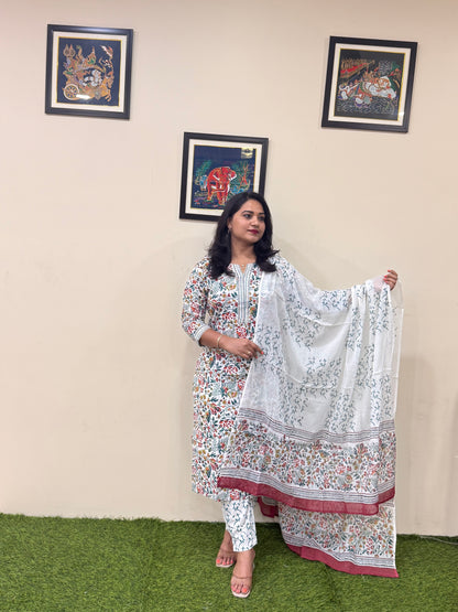 Pure Cotton Handblock Kalamkari Kurti Pant Dupatta Set – Women’s Summer Ethnic Wear