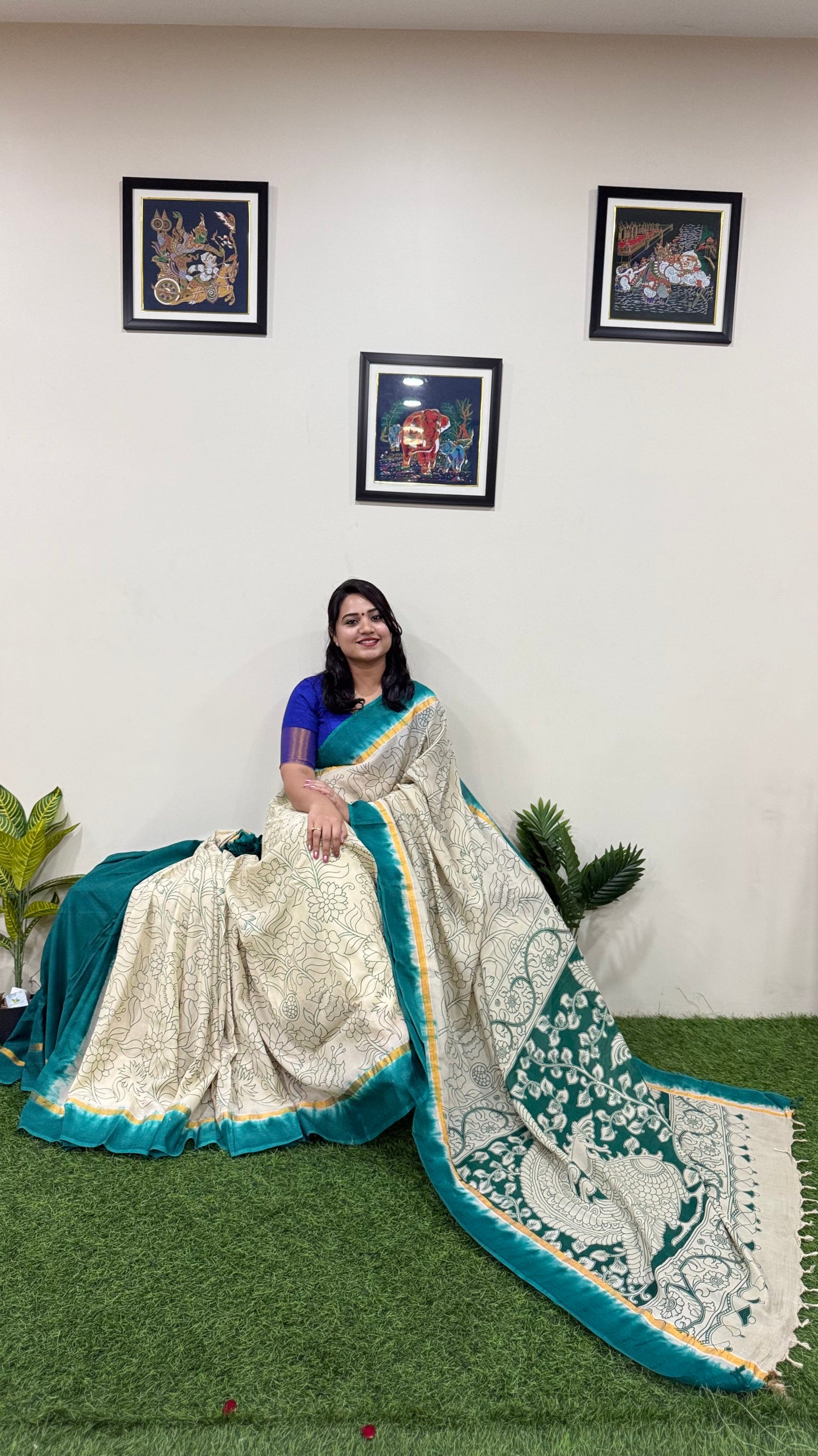 Pure Nellore Silk Saree with Hand-Dyed Outline Kalamkari Border for Festive Wear