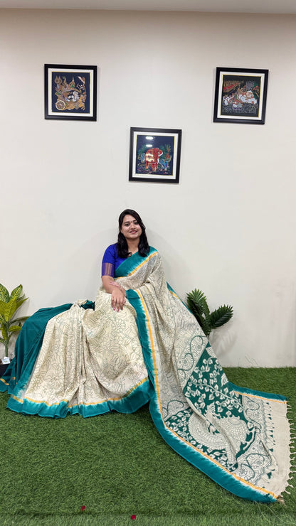 Pure Nellore Silk Saree with Hand-Dyed Outline Kalamkari Border for Festive Wear