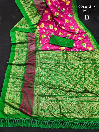 Dola Silk Saree with Kalamkari Patola Digital Print and Gold Zari Foil Border