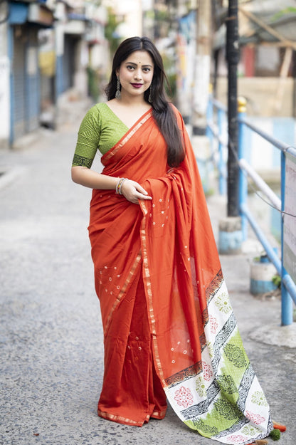 Chanderi Cotton Saree with Hand-Tied Bandhani and Block Printed Pallu – Festive Wear for Women