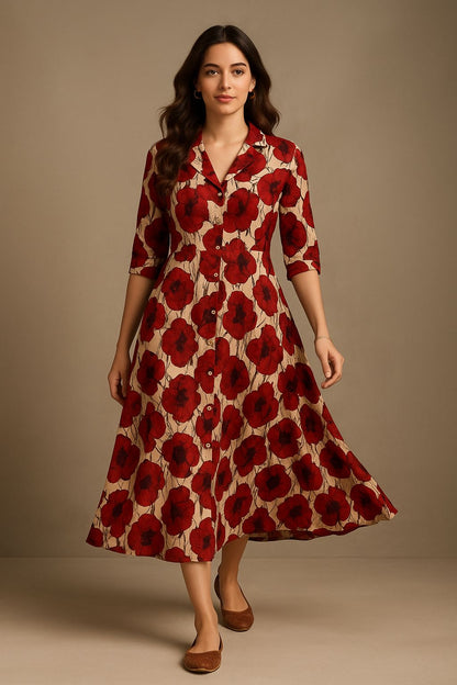 Women’s cotton A-line dress with beige–red poppy floral print, button-front and 3/4 sleeves, size 38–46