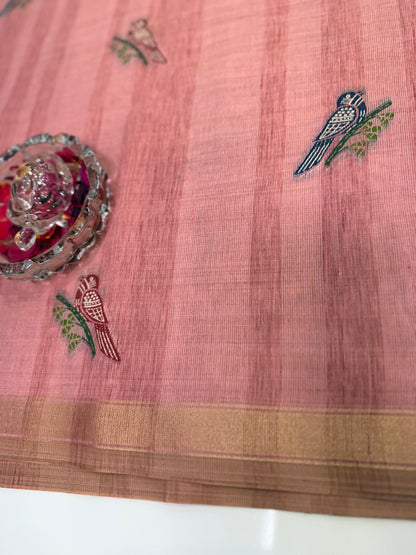 Ghicha cotton saree with bird motif pallu and tassel border, printed cotton saree for women