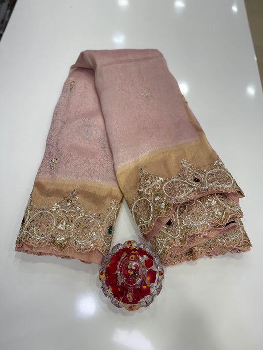 Pink Pure Ziraf Silk Saree with Jari, Moti, Cut Dana & Emerald Heavy Work – Bridal Designer Saree for Women