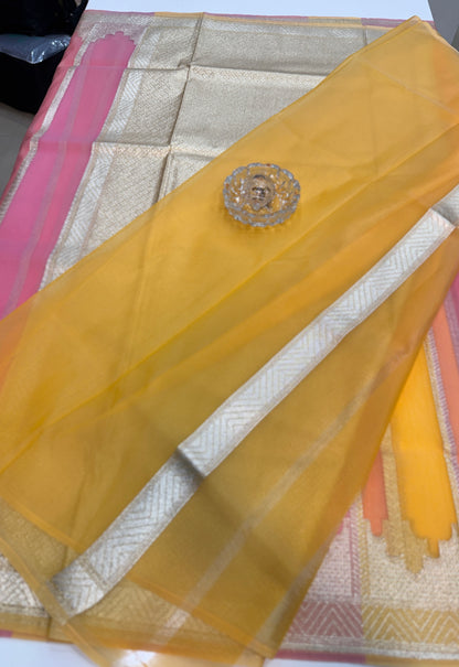 Banarasi handloom kora organza rankaat saree with allover zari stripe weaving and blouse piece