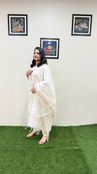 Cotton Handloom Straight Cut Kurta Pant Dupatta Set with Embroidery – Plus Sizes XL to 3XL