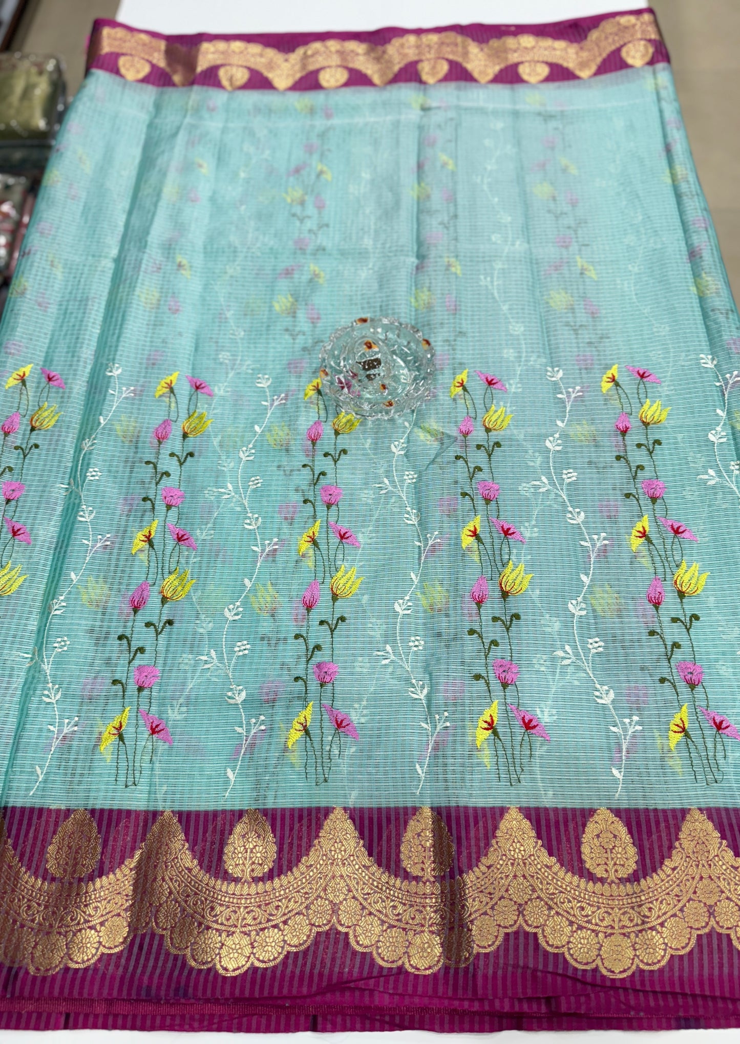Banarasi handloom Kota check saree with mina embroidery, scalloped border and zari chit pallu