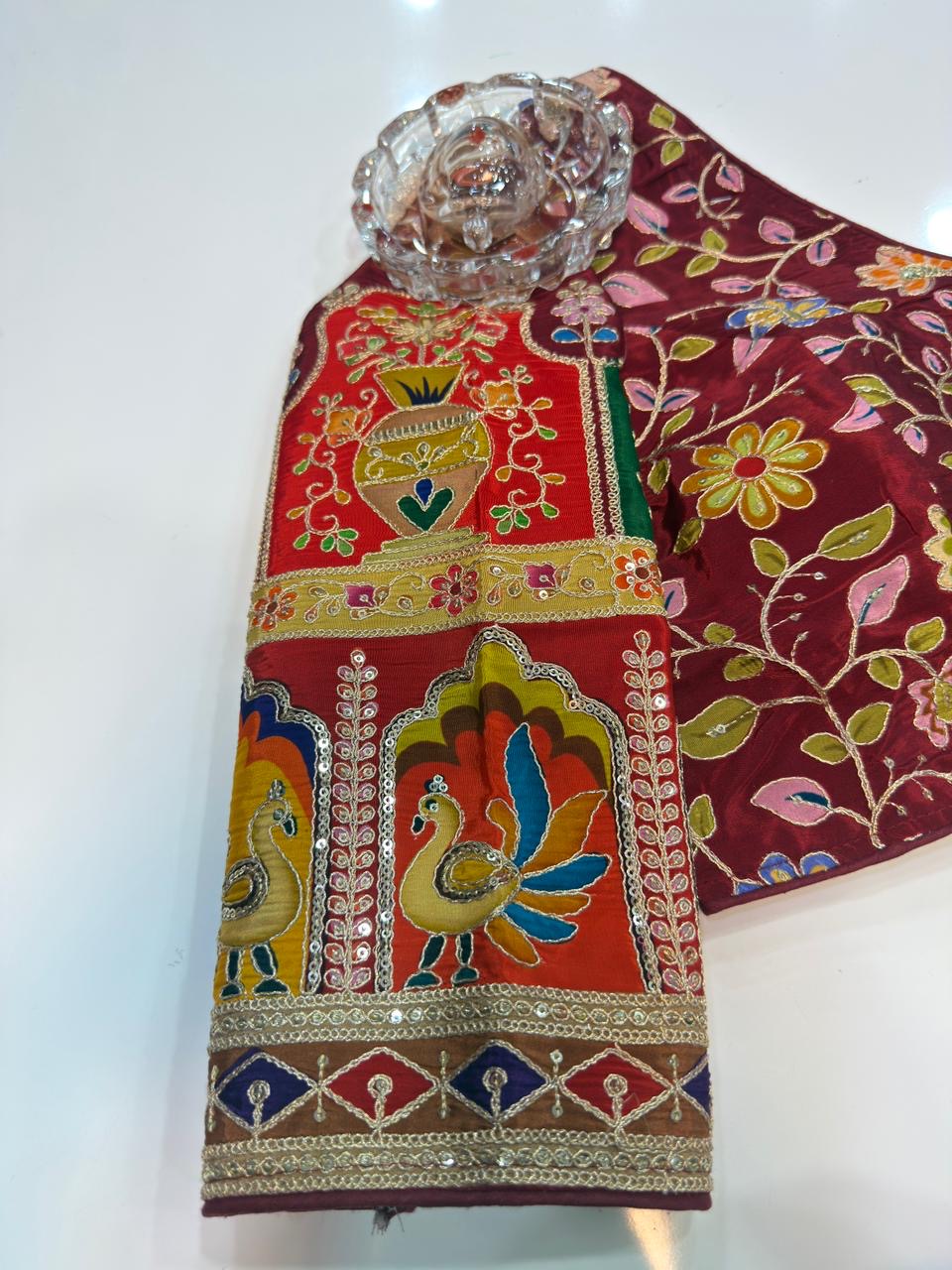 Pure silk embroidered readymade blouse for women, floral print, 3/4 sleeve, padded, size 38–42, 15 inch length
