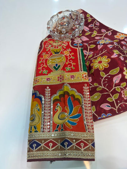 Pure silk embroidered readymade blouse for women, floral print, 3/4 sleeve, padded, size 38–42, 15 inch length
