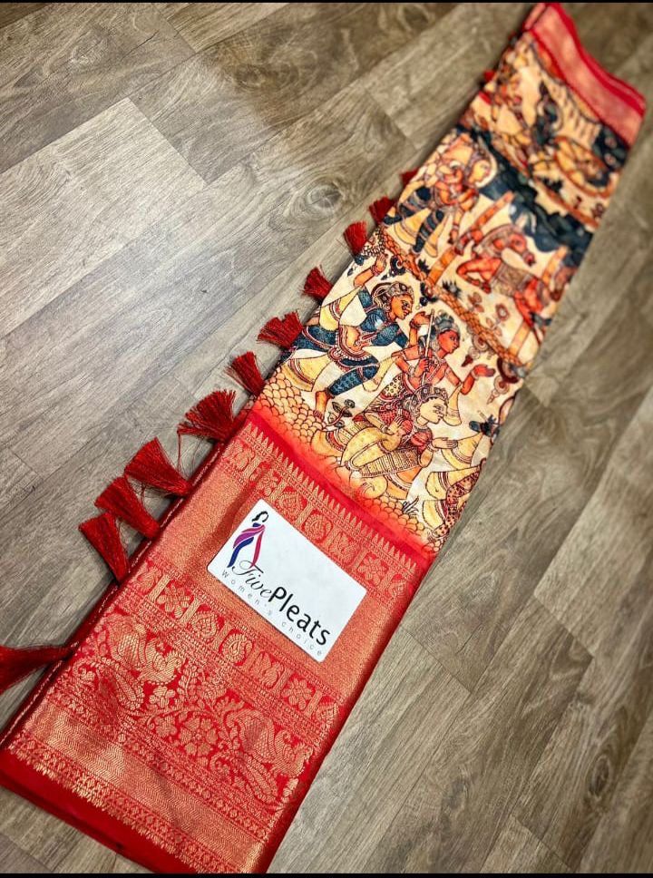 Banarasi Soft Silk Saree with Kalamkari Block Print and Zari Weaving – Party Wear for Women