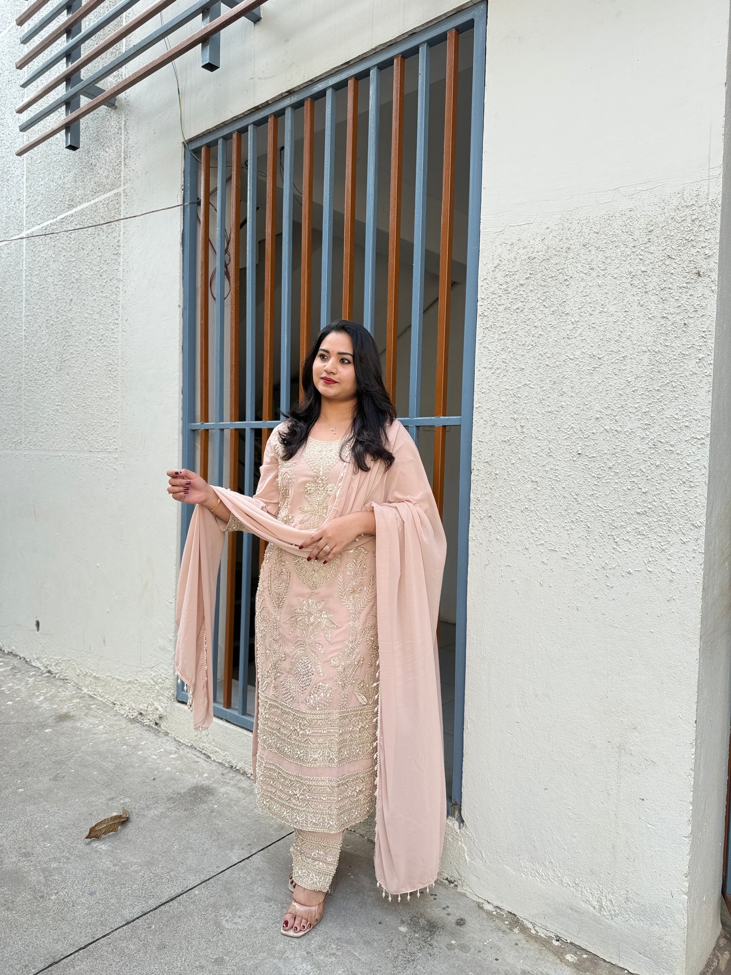 Women’s premium georgette embroidered stitched suit set with beads work and palazzo (XL)