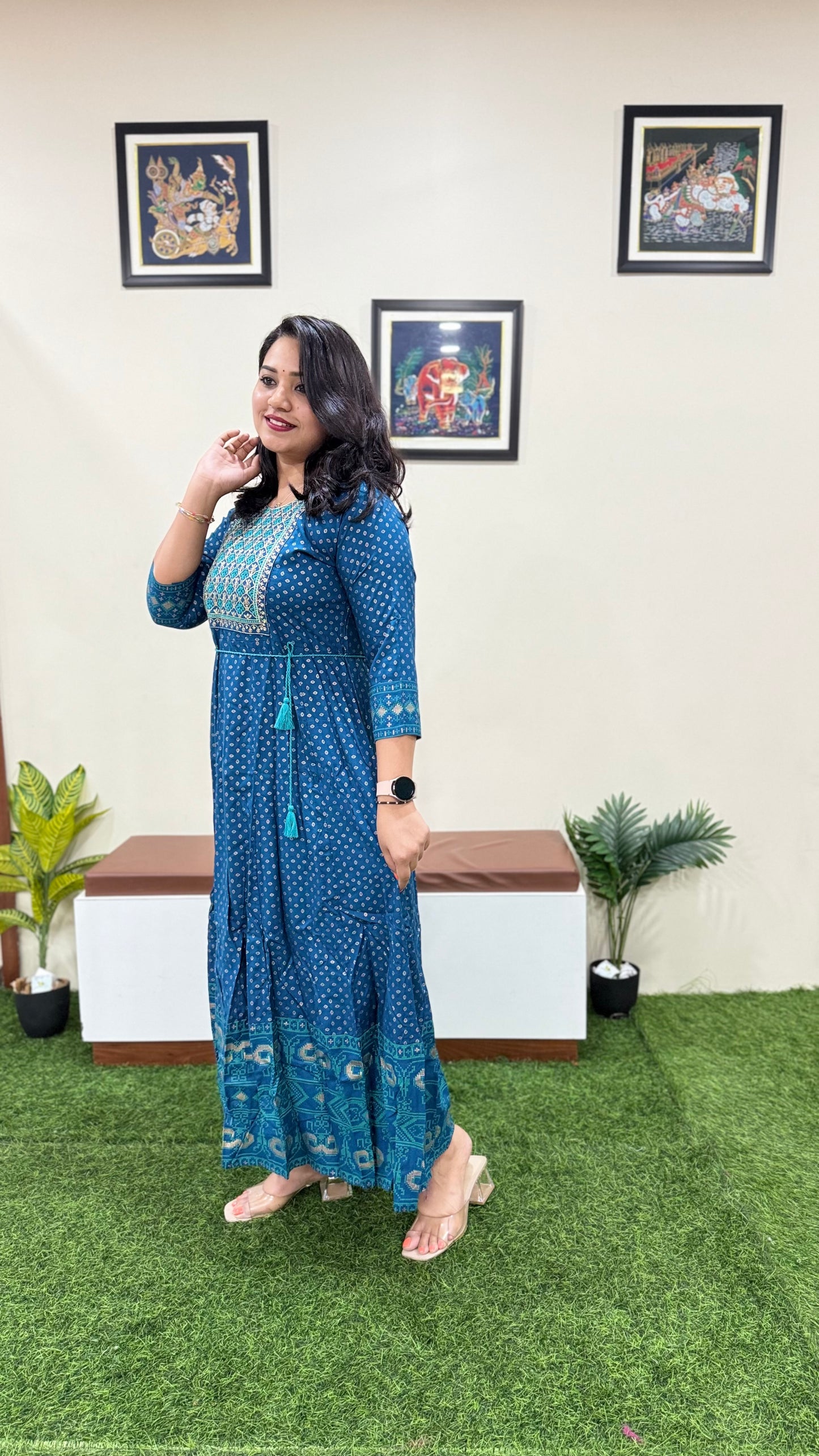 Rayon Foil Print Anarkali Gown with Embroidered Neck and Belt – Liva Tag – Sizes M to 3XL