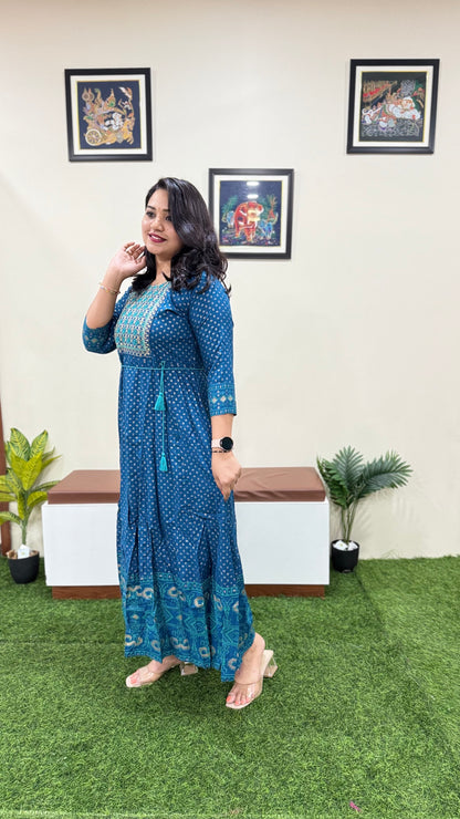 Rayon Foil Print Anarkali Gown with Embroidered Neck and Belt – Liva Tag – Sizes M to 3XL