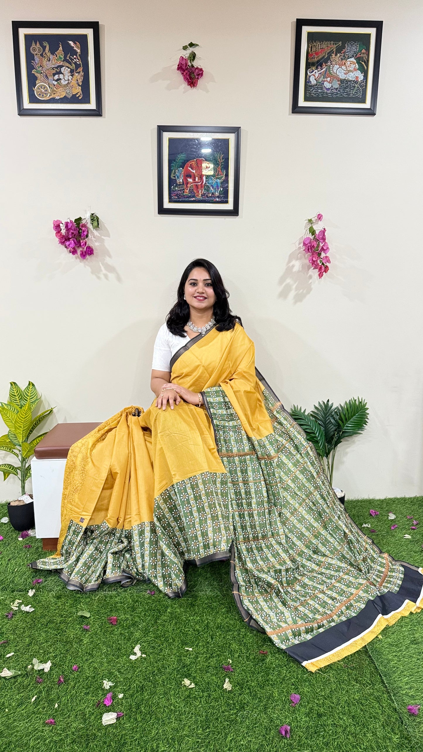 Soft Chanderi Silk Saree with Gold Zari Border and Digital Print – Traditional Wear Saree for Women