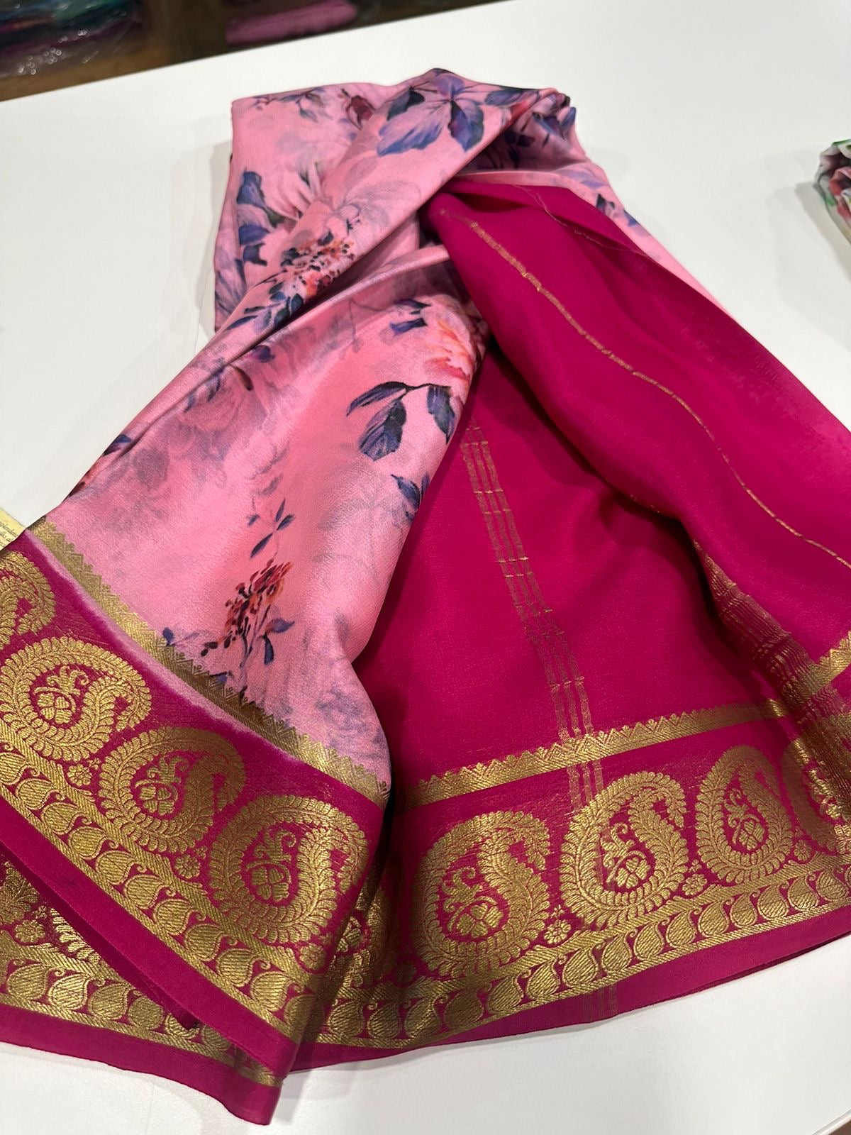Pure Crepe Mysore Silk Saree for Women – 75 Gram, Digital Print, Contrast Blouse, Silk Mark Certified