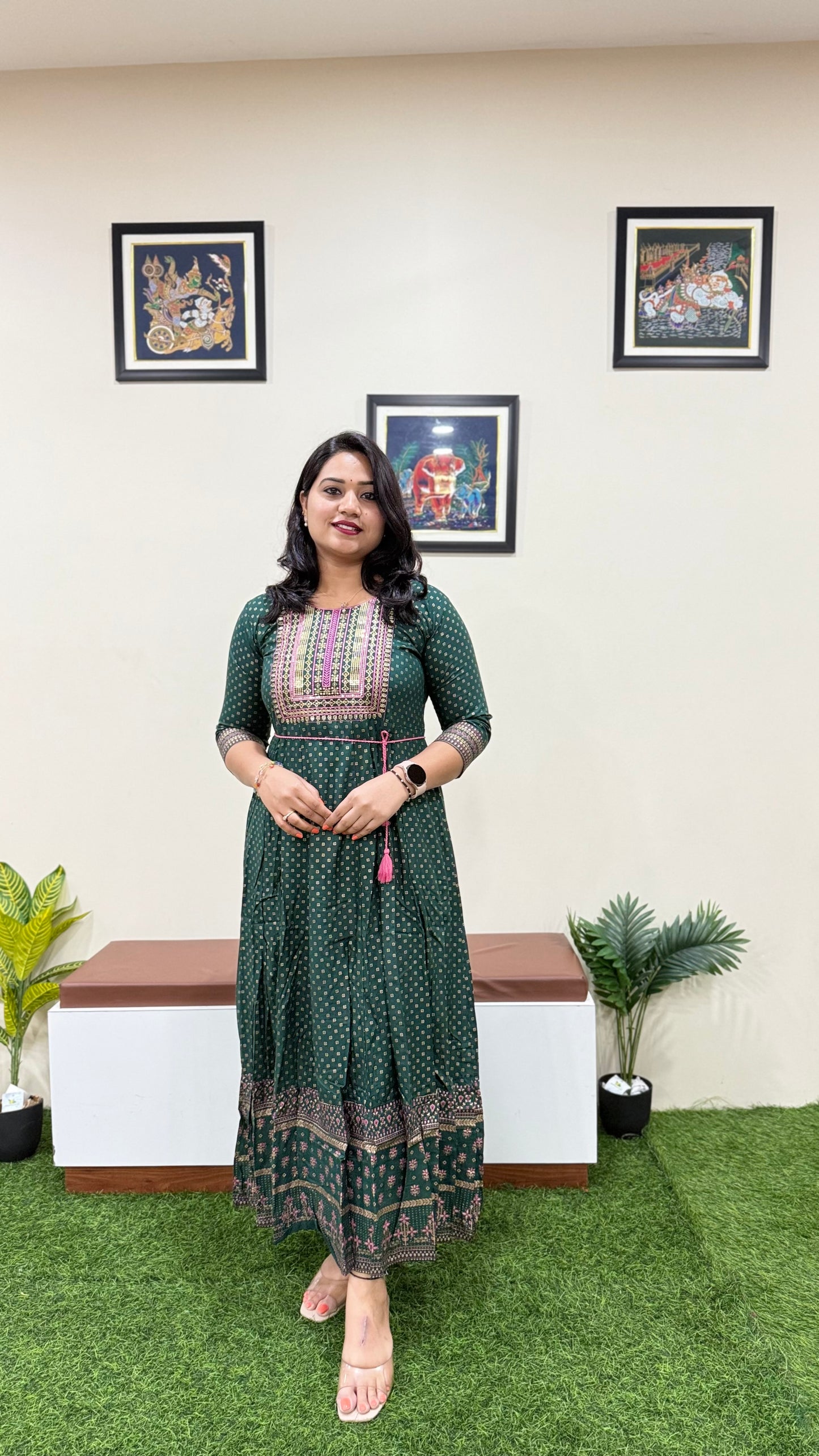 Rayon Foil Print Anarkali Gown with Embroidered Neck and Belt – Liva Tag – Sizes M to 3XL