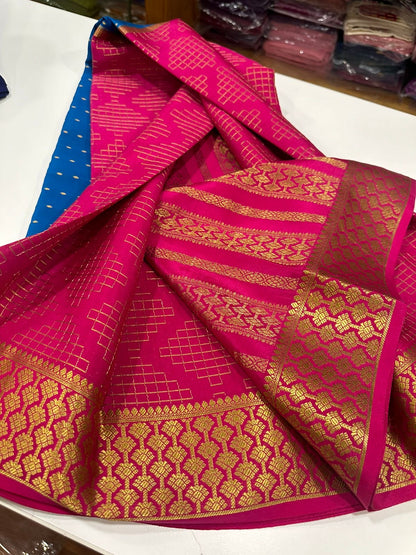 Pure Crepe Mysore Silk Saree for Women – 120 Gram, Zari Lines Design, Silk Mark Certified with Blouse Piece