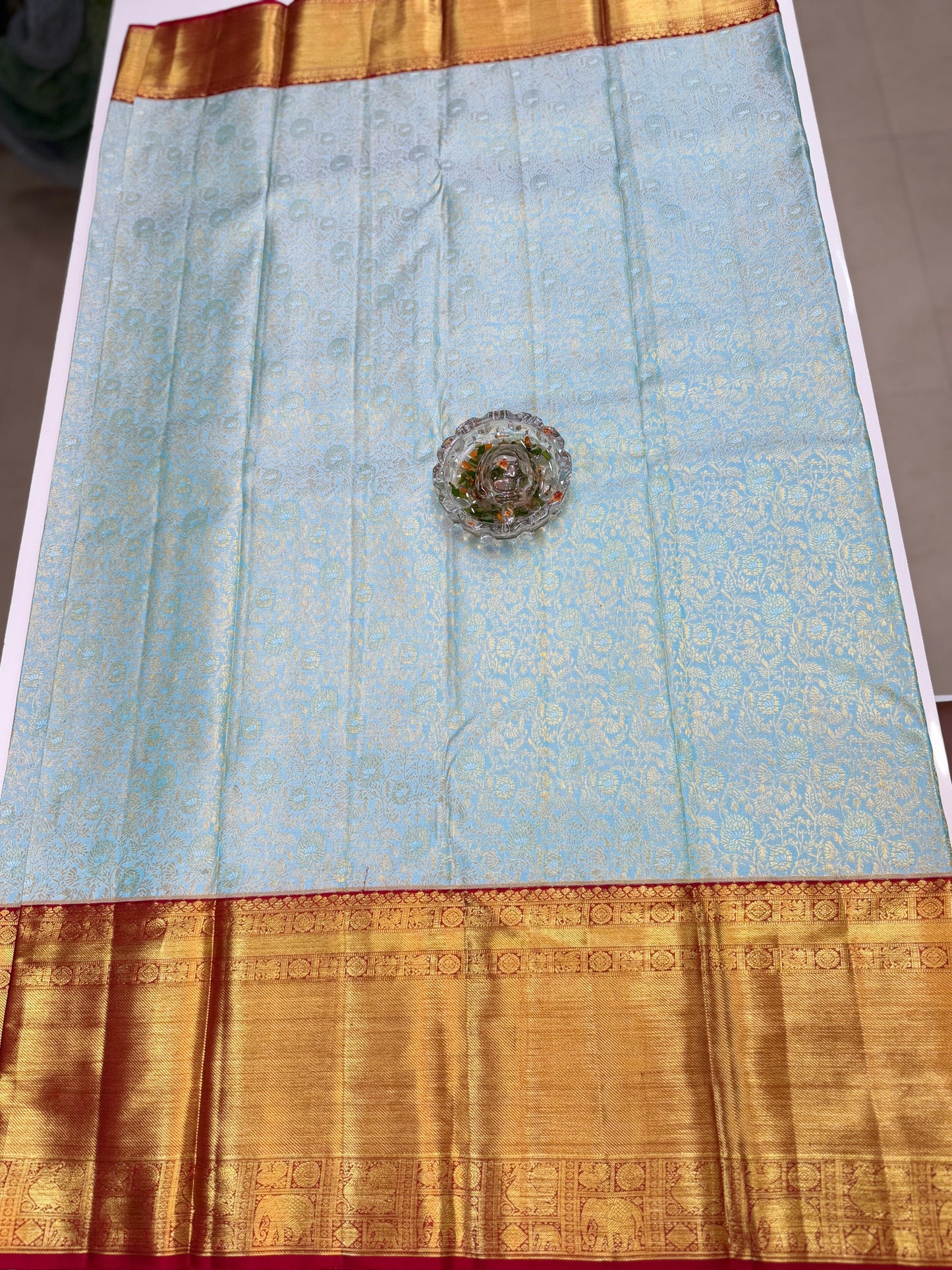 Korvai Pure Silk Handloom Saree in Sky Blue with Red Border and Gold Zari Weaving – Bridal & Festive Wear