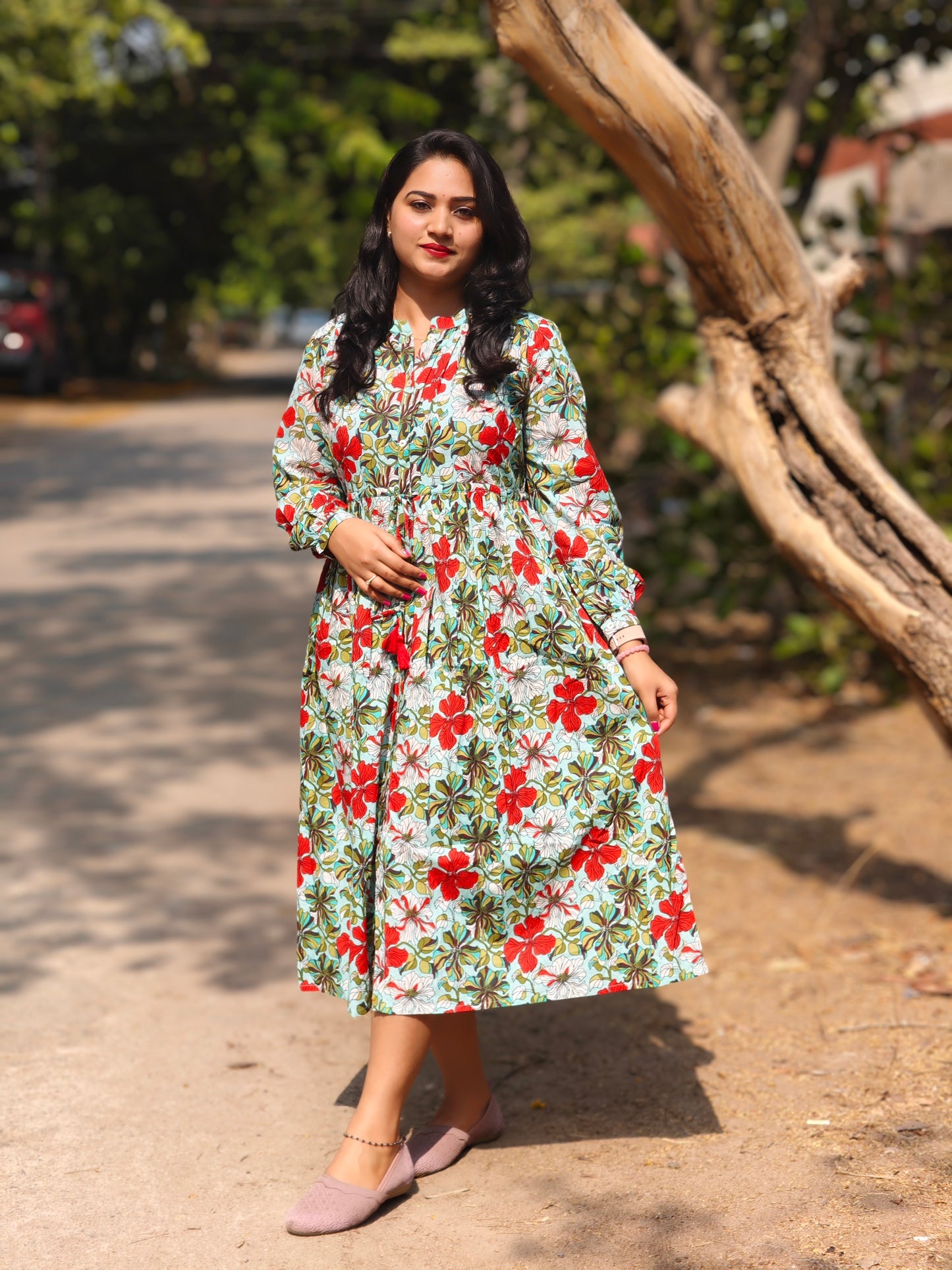 Blue Cotton Floral Gathered Dress for Women – Sizes L to 3XL