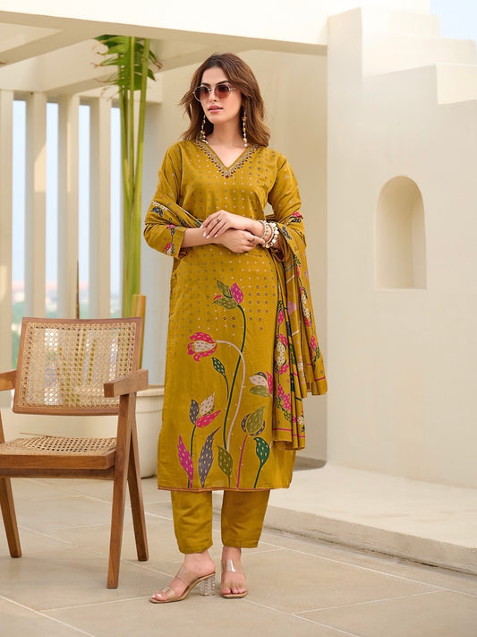 Modal Discharge Print Three-Piece Suit Set with Handwork – Sizes XL and XXL