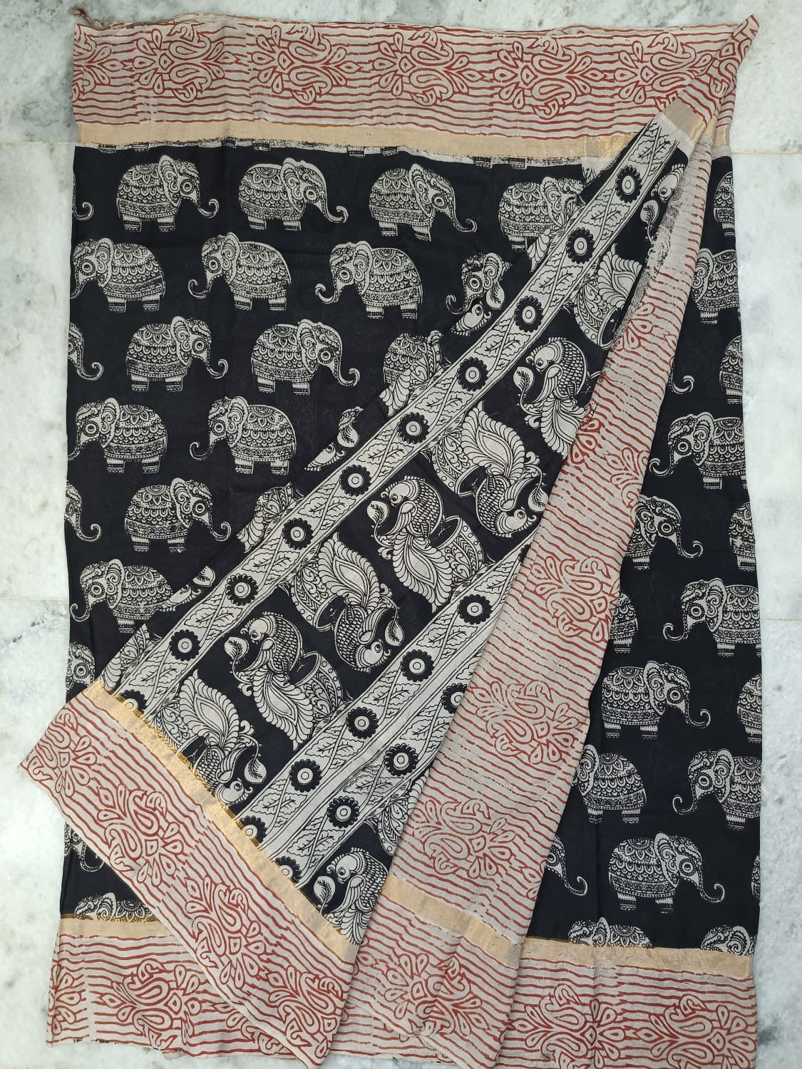 Handloom Nellore Silk Saree for Women – Kalamkari Print with Hand-Printed Border and Blouse Piece