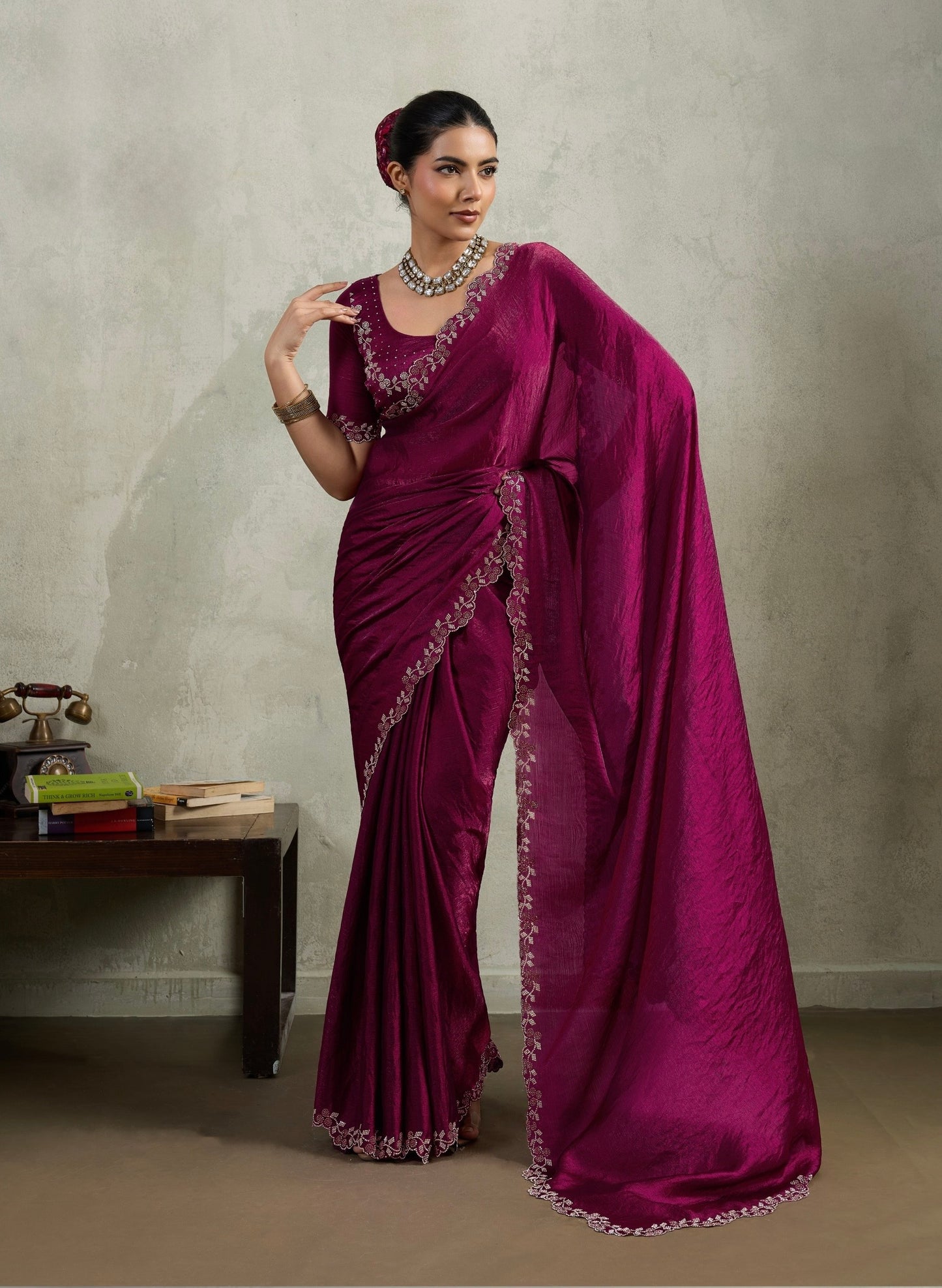 Velvet Chiffon Saree with Dual Tone Zarkan Work and Designer Blouse – Partywear Saree for Women