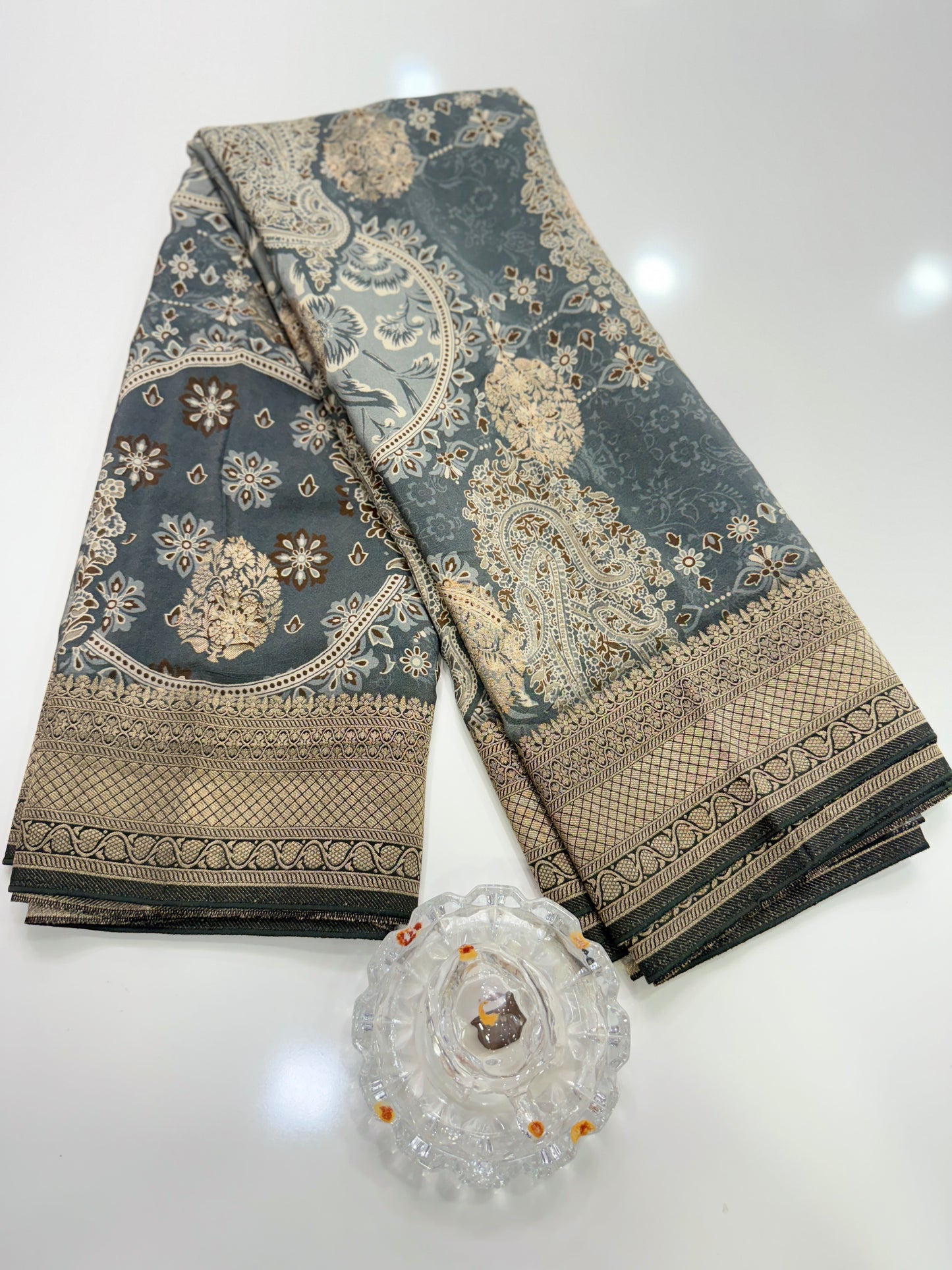 Pure Crepe Silk Saree with Digital Print and Zari Border – Elegant Festive and Wedding Saree for Women