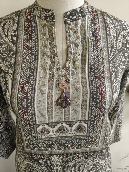 Women’s digital viscose silk kurta set with moti sequence handwork, pant and muslin dupatta, size 38–44