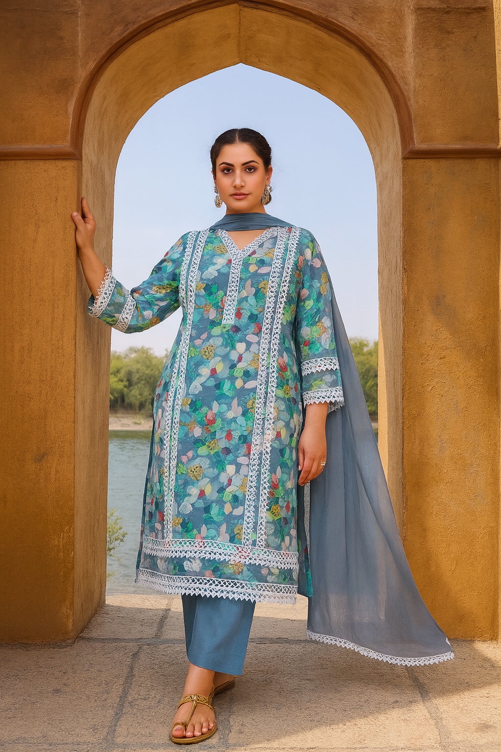 Linen Cotton Kurti Pant Set with Nazmin Dupatta and Lace Work – Plus Sizes Available