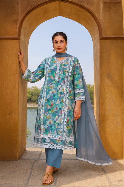 Linen Cotton Kurti Pant Set with Nazmin Dupatta and Lace Work – Plus Sizes Available