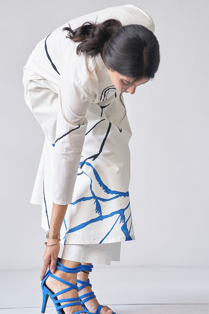 White Linen Cotton Kurti Pant Set for Women with Abstract Blue and Black Print