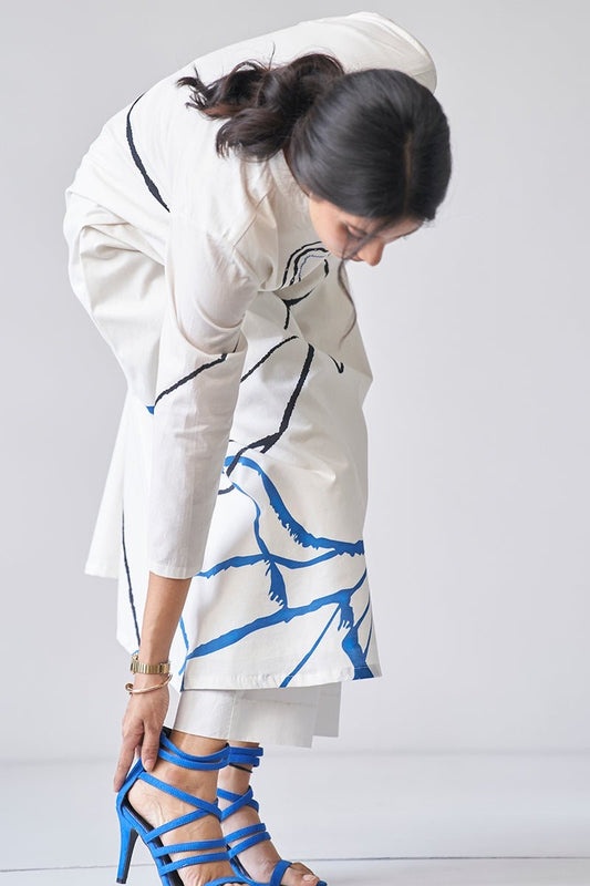 White Linen Cotton Kurti Pant Set for Women with Abstract Blue and Black Print