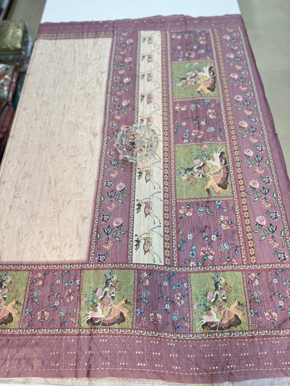 Tussar Fabric Saree with Katha Print Border, Mirror Work and Matching Blouse