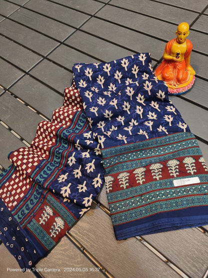 Semi Modal Silk Saree with Hand Block Prints and Contrast Blouse for Women