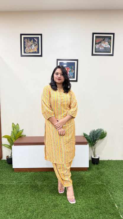 Yellow Moss Digital Ethnic Printed Co-ord Set for Women | Cotton Blend Kurti with Pant | Summer Wear